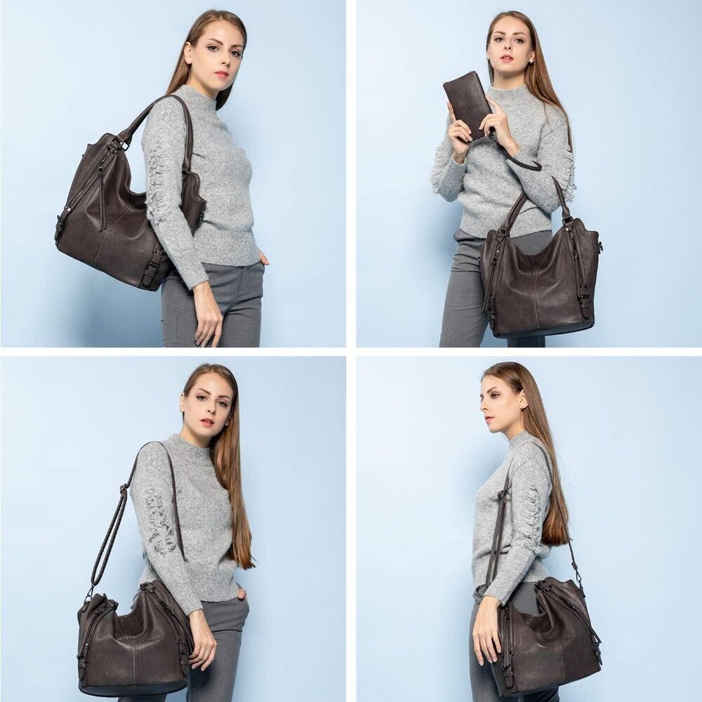 Women's Coffee Large PU Leather Tote Bag - Fashion Hobo Purse w/Strap - Picture 2 of 8